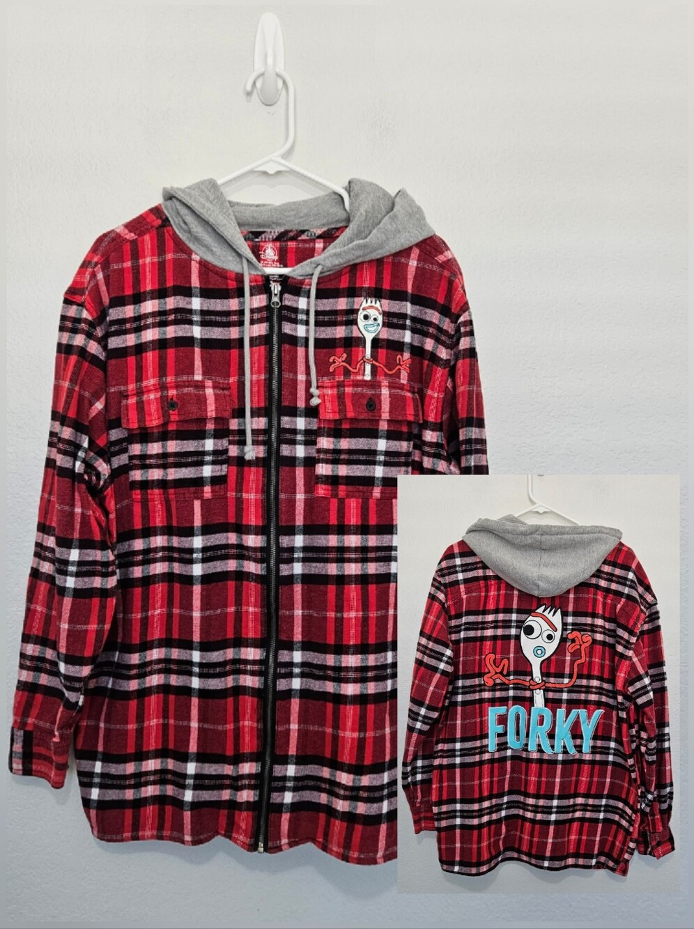Disney Parks Toy Story Forky Hooded Flannel Shirt Red Plaid Full Zip Size Large